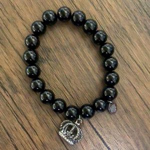 Black Beaded Bracelet with Crown Charm